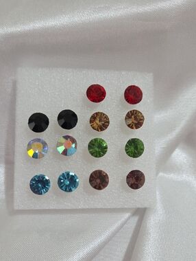 7 Pair Multi-Color Round Crystal Stud Earring Set for Women's Girl